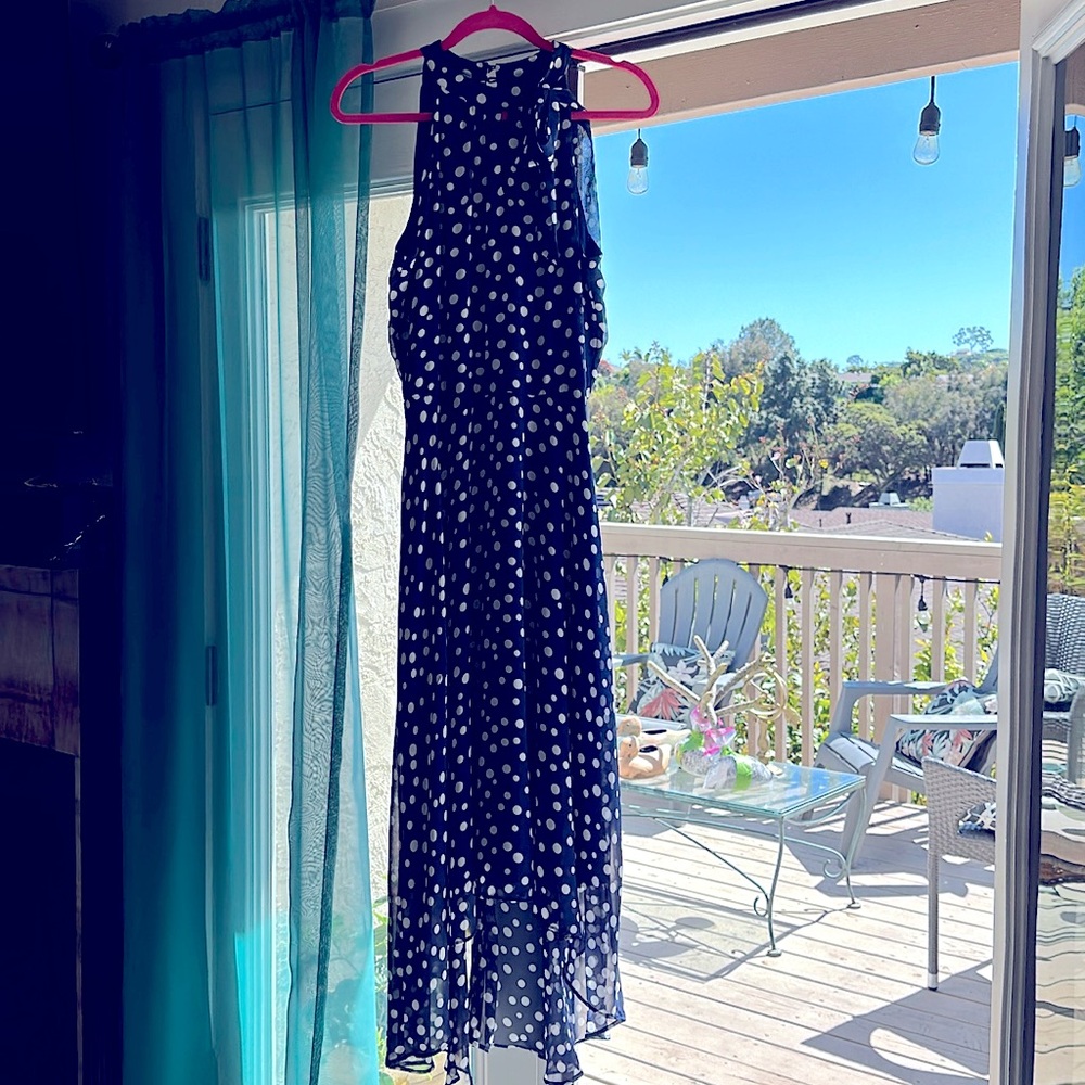 Blue and White Polka Dot Sheer Tahari Sleeveless Dress Size 12